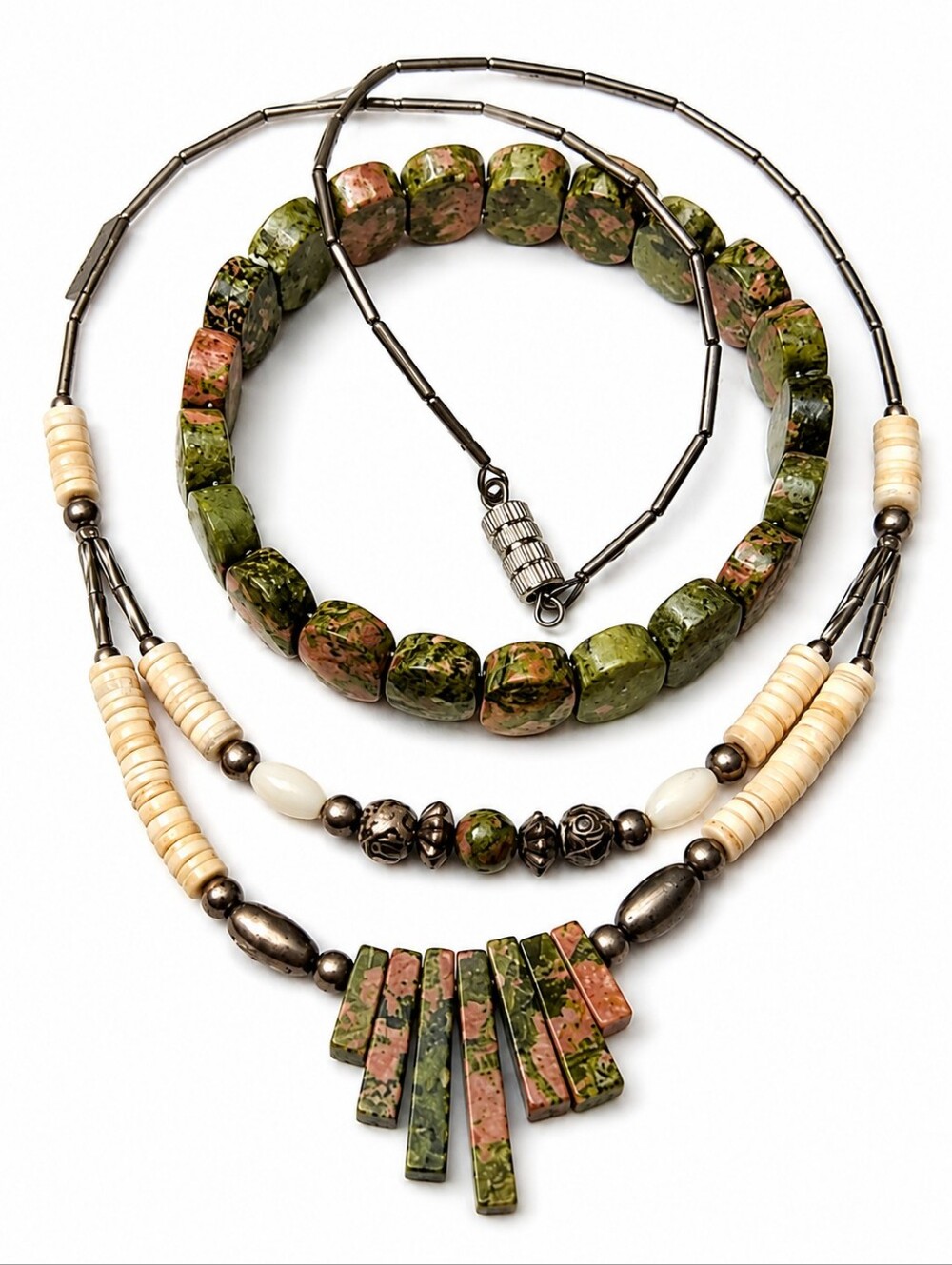 Unakite Stone Necklace & Bracelet Set Boho Statement Jewelry